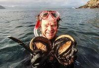 fisherman hold shellfishes of Haliotis ruber Leach.